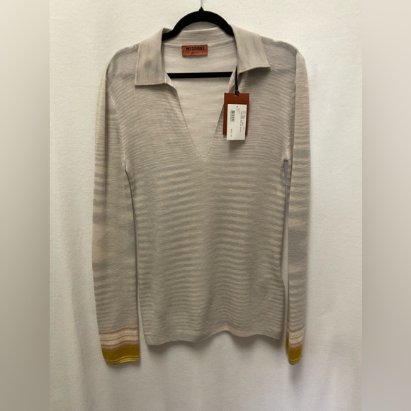Missoni Cream V-Neck Polo Sweater with Yellow Cuff Accent